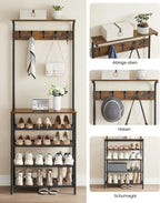VASAGLE coat rack, dresses stand, wardrobe with 5 double hooks, shoe rack with 5 levels, one shelf on top
