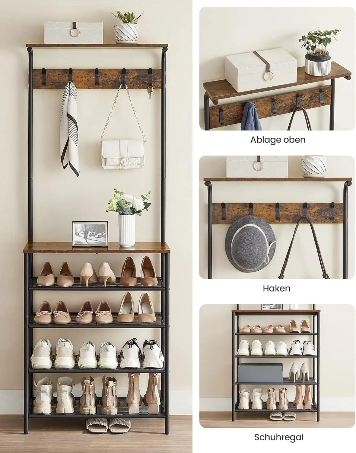 VASAGLE coat rack, dresses stand, wardrobe with 5 double hooks, shoe rack with 5 levels, one shelf on top