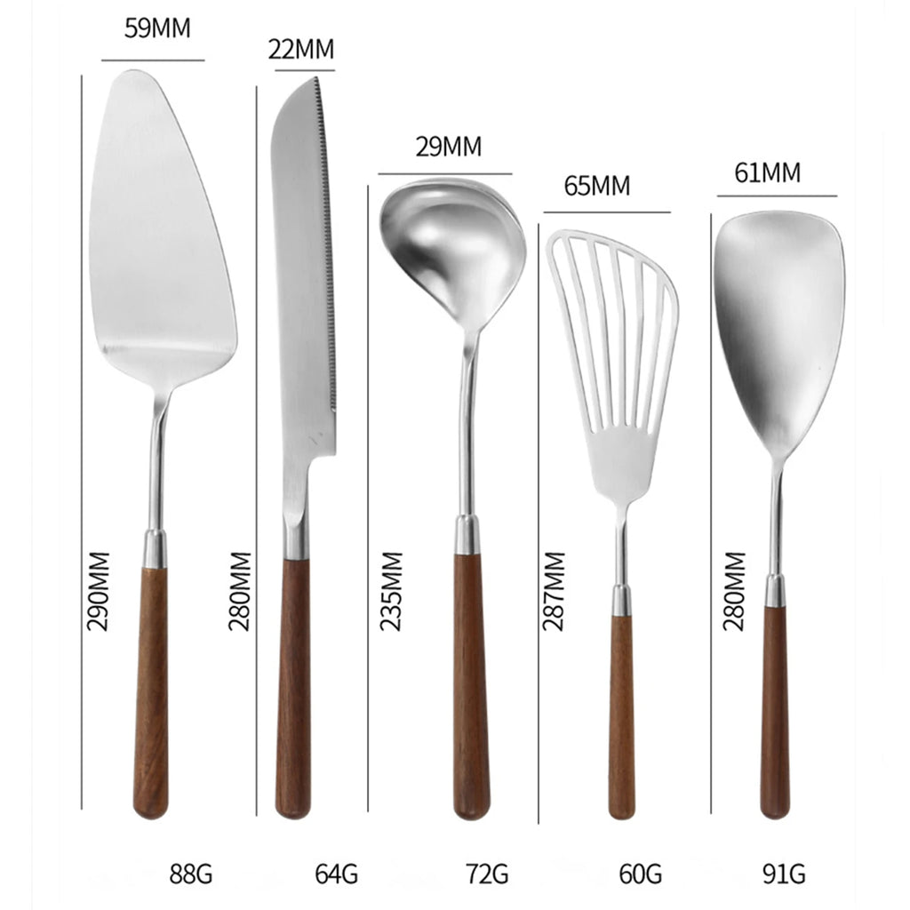 5PCS 304 Stainless steel and Nature Wood Kitchenware Cooking Utensils Set Kitchen Shovel Soup Spoon Cake Spatula Knife