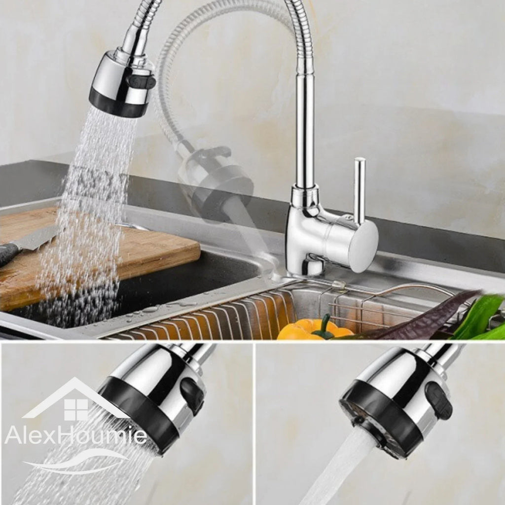 Chrome Finish Kitchen Faucet with Flexible Arc 360 Degree Rotatable Sprayer Stainless Steel Bathroom Sink Wall Mount Water Mixer
