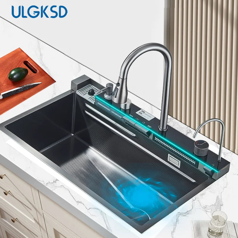 Gun Grey 304 Stainless Steel Waterfall Drainage Kitchen Sink Integrated Digital Display Faucet Set Soap Dispenser Vegetable Pool