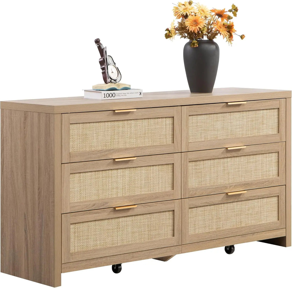 Rattan Dresser for Bedroom, 56.9" Wide 6 Drawer Dresser with Ample Storage, Dressers Large Chest of DrawersCloset, Boho TV Stand