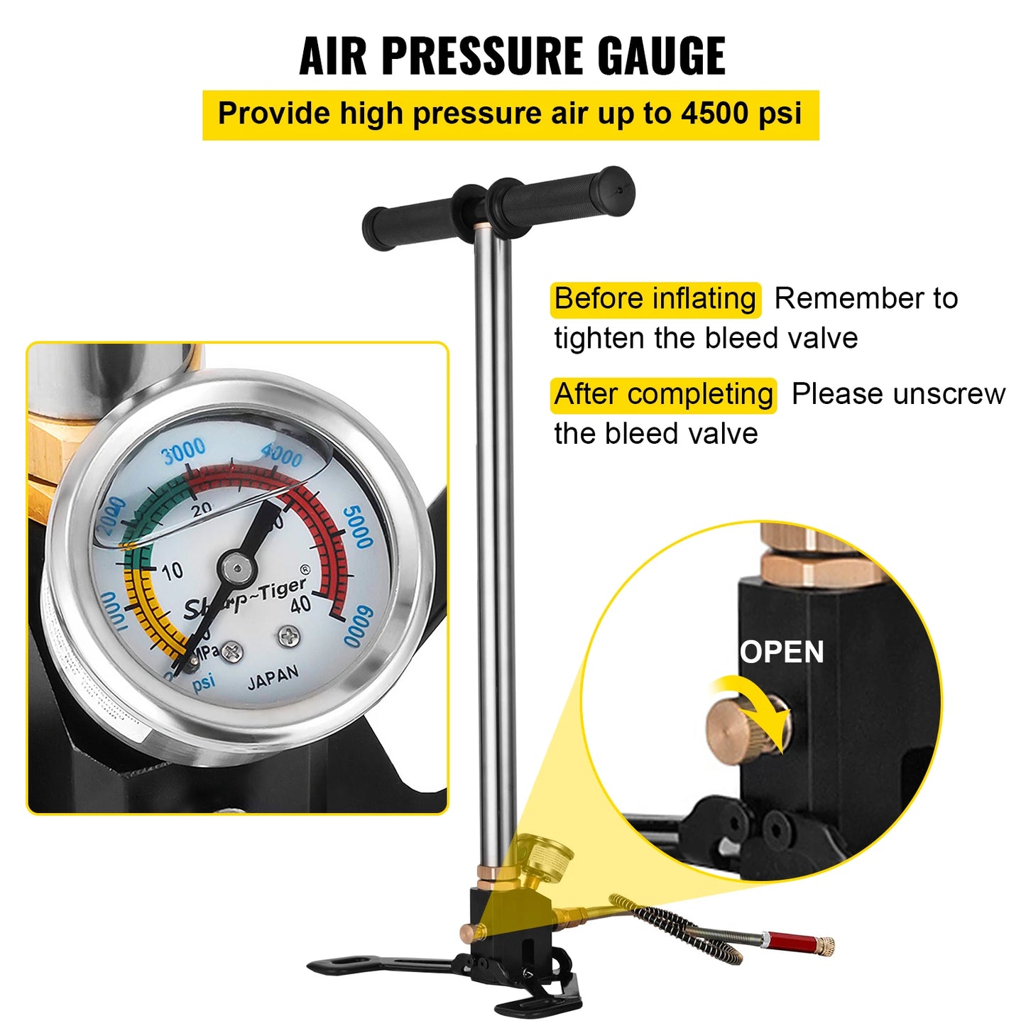 VEVOR 3-Stage PCP Hand Pump | 4500 PSI High-Pressure Air Gun Filling Stirrup with Gauge