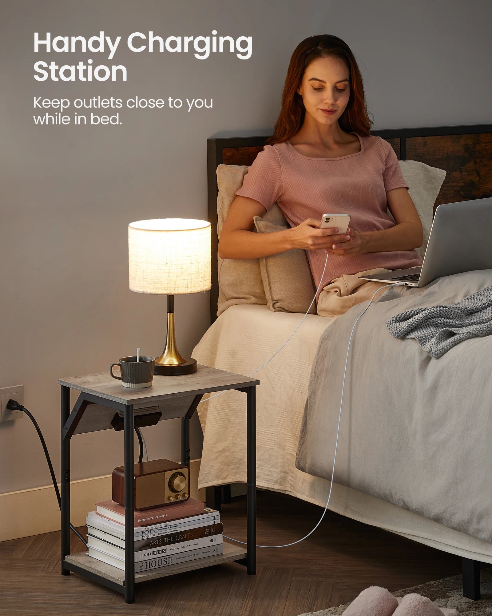 VASAGLE End Table with Charging Station, Small Side Table for Living Room, Bedroom, Nightstand with Outlets and USB Ports