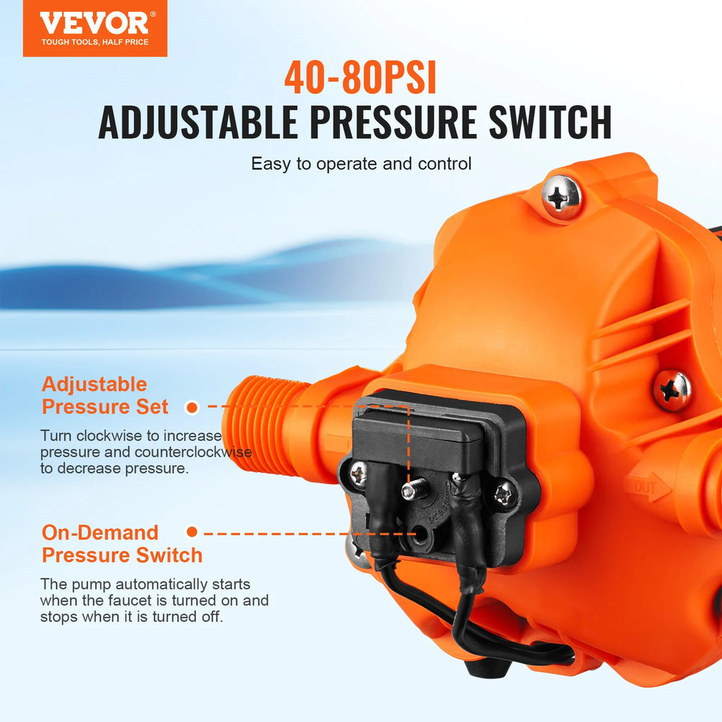 VEVOR RV Water Pressure Diaphragm Pump 3.3GPM / 3.5GPM / 5.5GPM Adjustable Self Priming Sprayer Pump for Camper Marine Boat Lawn