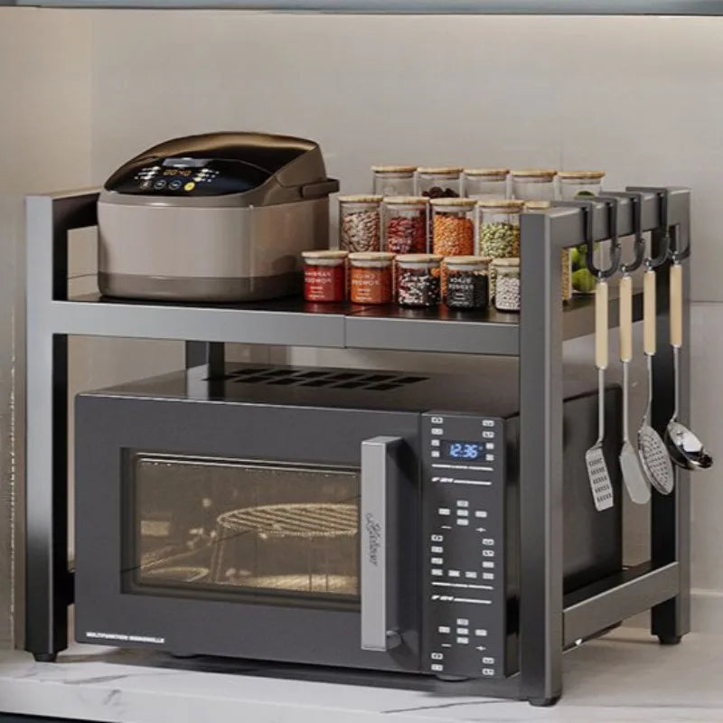 Heavy Duty Adjustable 2 Tier Metal Kitchen Rack Open Storage Shelf For Microwave Oven Organize Spices Utensils Cookware
