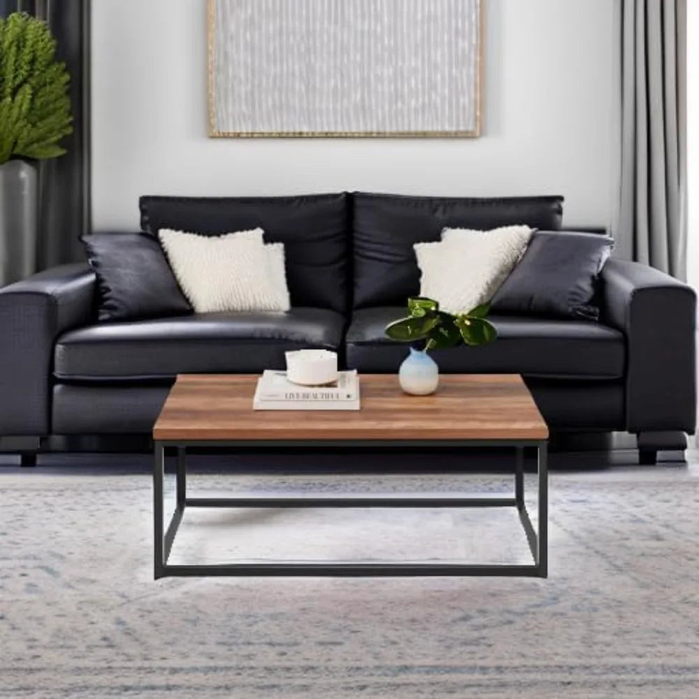 44in Modern Industrial Style Rectangular Wood Grain Top Coffee Table, for Living Room w/Metal Frame