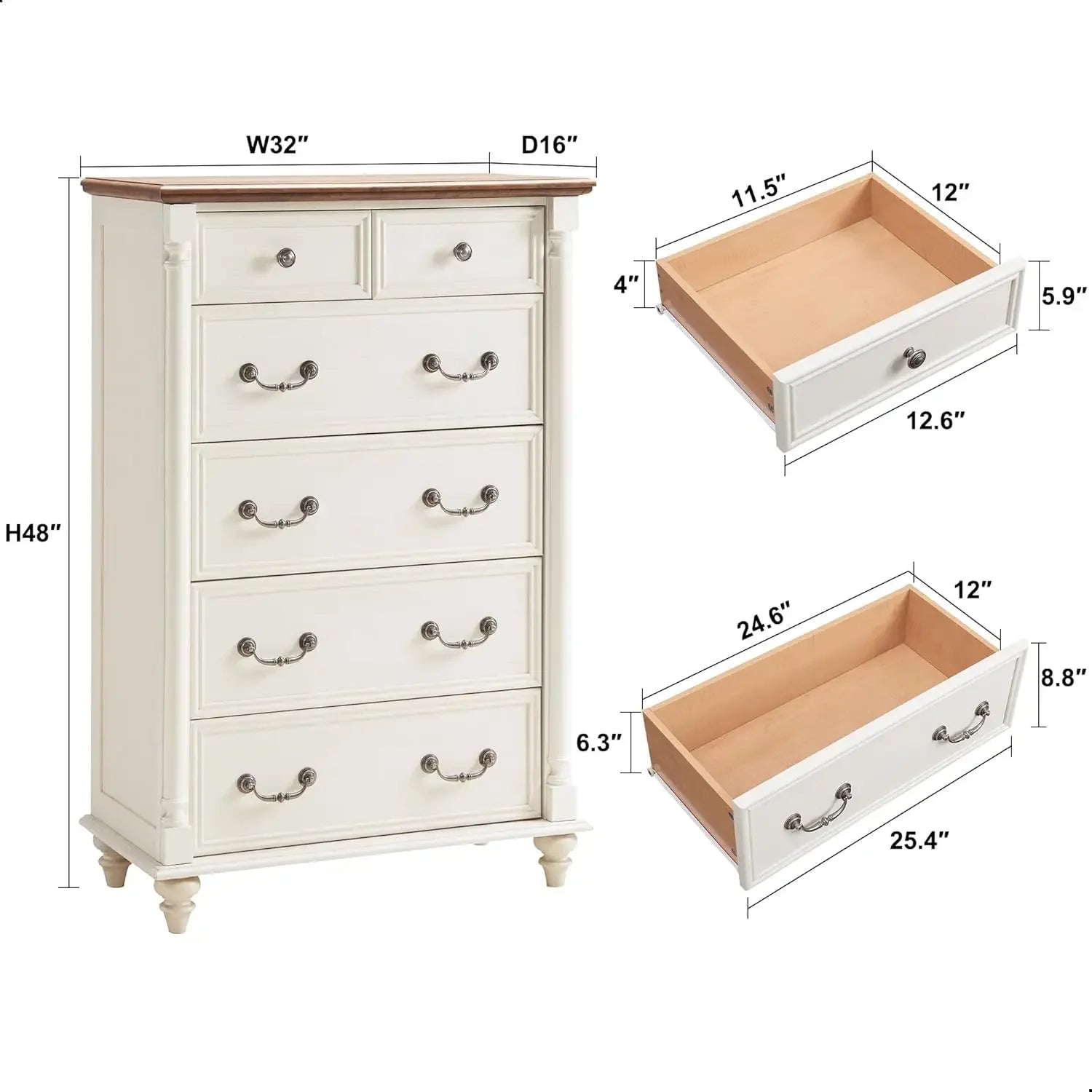 Farmhouse 6 Drawers Dresser Chests, Tall Wood Rustic Chest , Storage Organizer for Bedroom, Living Room, Nursery, Antique White