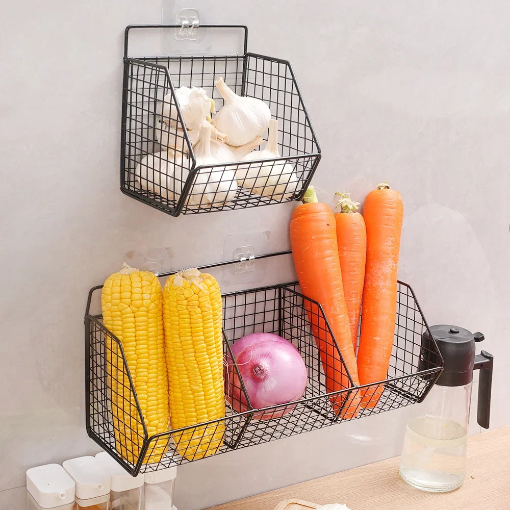 Kitchen Wall Mounted Storage Rack Vegetables Fruits Holder Onion Garlic Condiments Spice Single Layer Storage Shelf Organizer