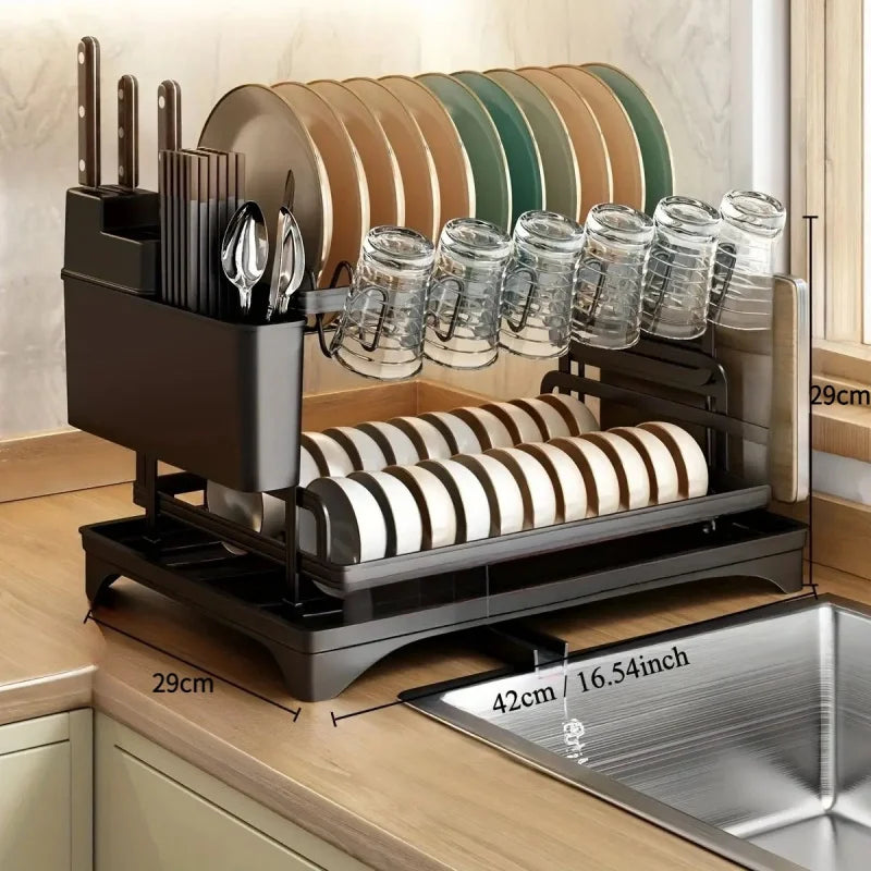 Kitchen Countertop Dish Drain Rack Storage Organizer Multifunctional Dish Rack with Cup Holder Chopsticks Tube