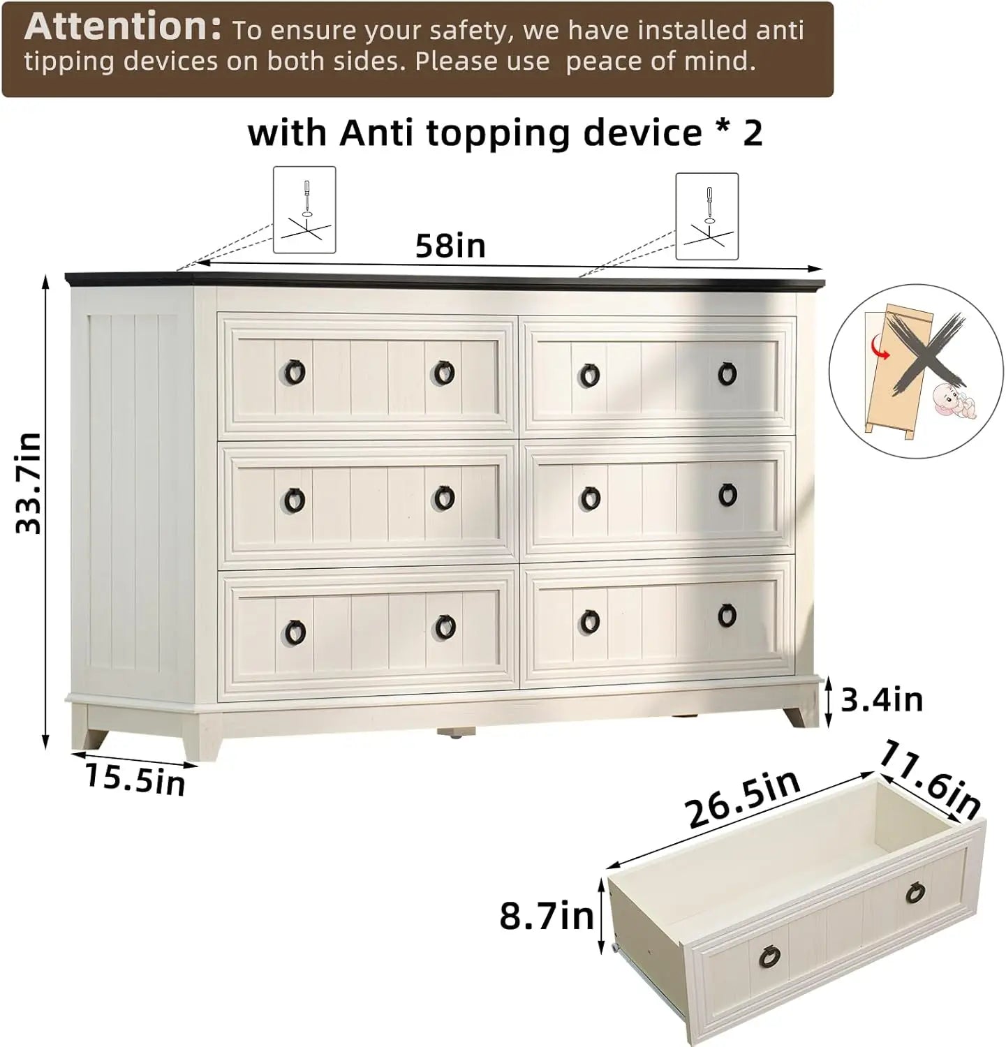 Farmhouse Dresser and Nightstand Sets 3 Piece, Nightstands Set of 2 and 6 Drawers Dresser for Bedroom, 58" Wide Dresser
