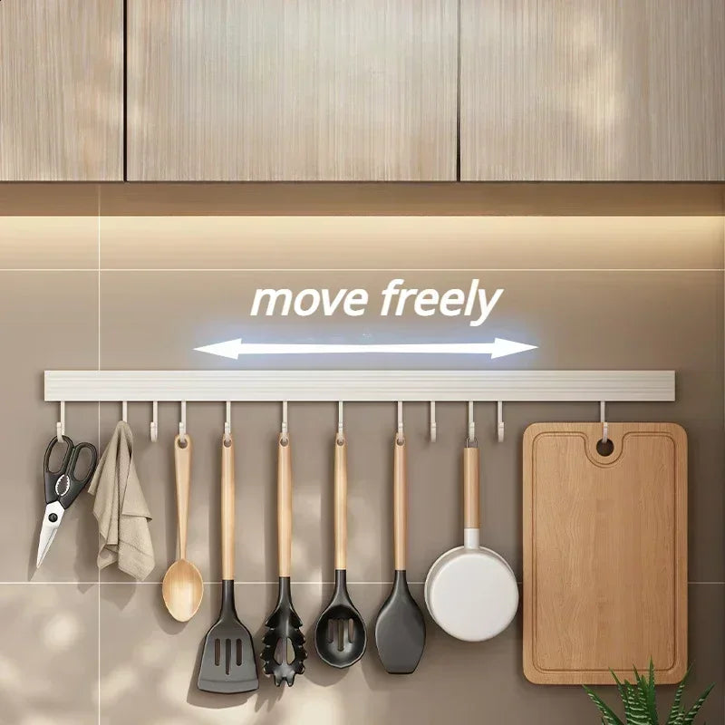 Kitchen Storage Rack Wall Mounted No Punch Shelves with Movable Hook Spoon Holder Organizer Kitchen Utensil Accessories