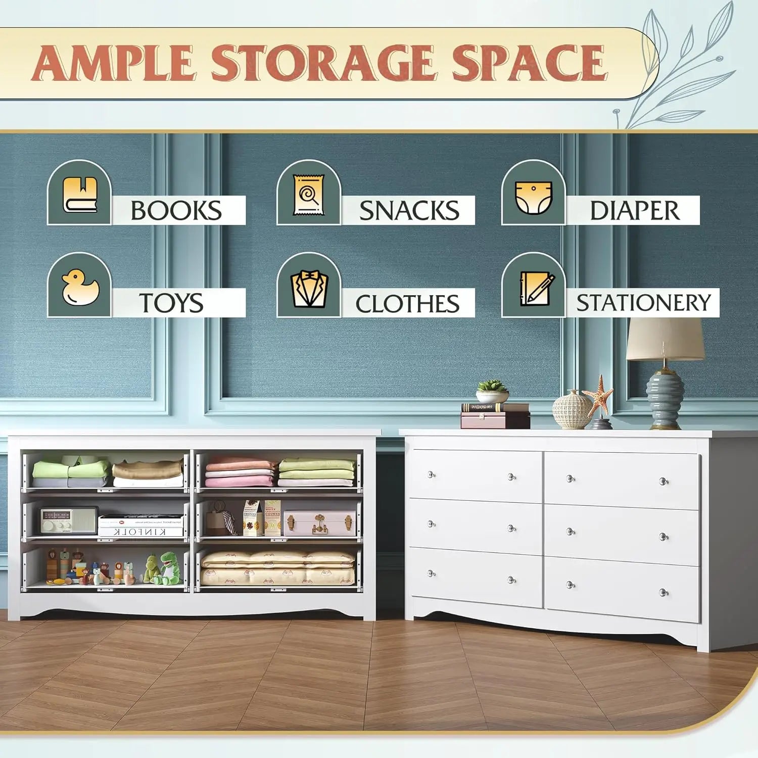 Wood White Dresser with 6 Drawer, Wide Chest of Drawers for Bedroom, Long Nightstand with Drawers