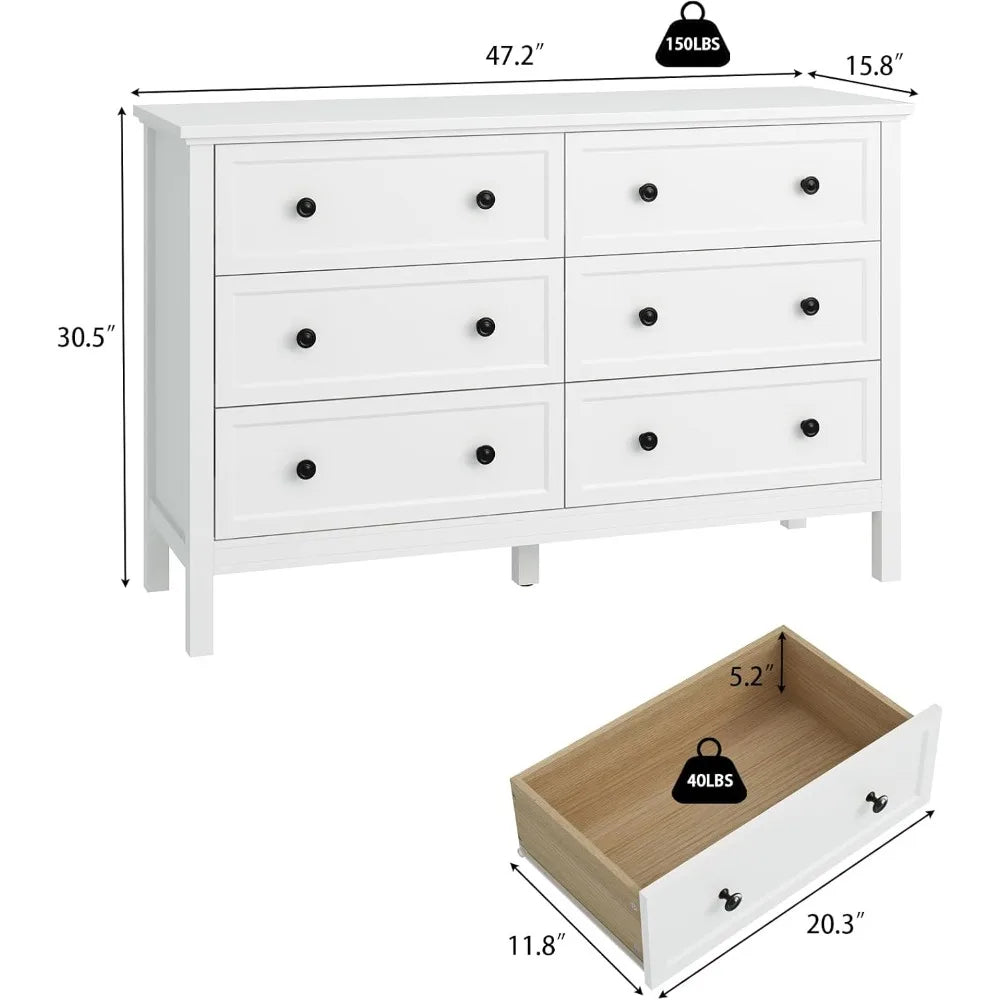 White Dresser for Bedroom, 6 Drawer Dresser with Wide Drawer and Metal Handles, Wood Dressers & Chests of Drawers for Hallway,