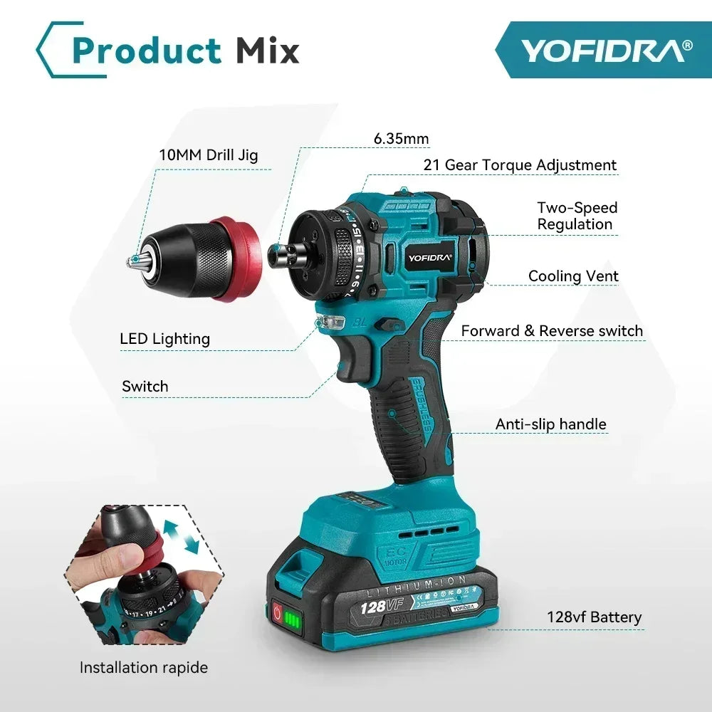 YOFIDRA 2 in1 Brushless Electric Screwdriver Hammer Cordless Drill Impact Multifunctional Power Tool For Makita 18V Battery Pin