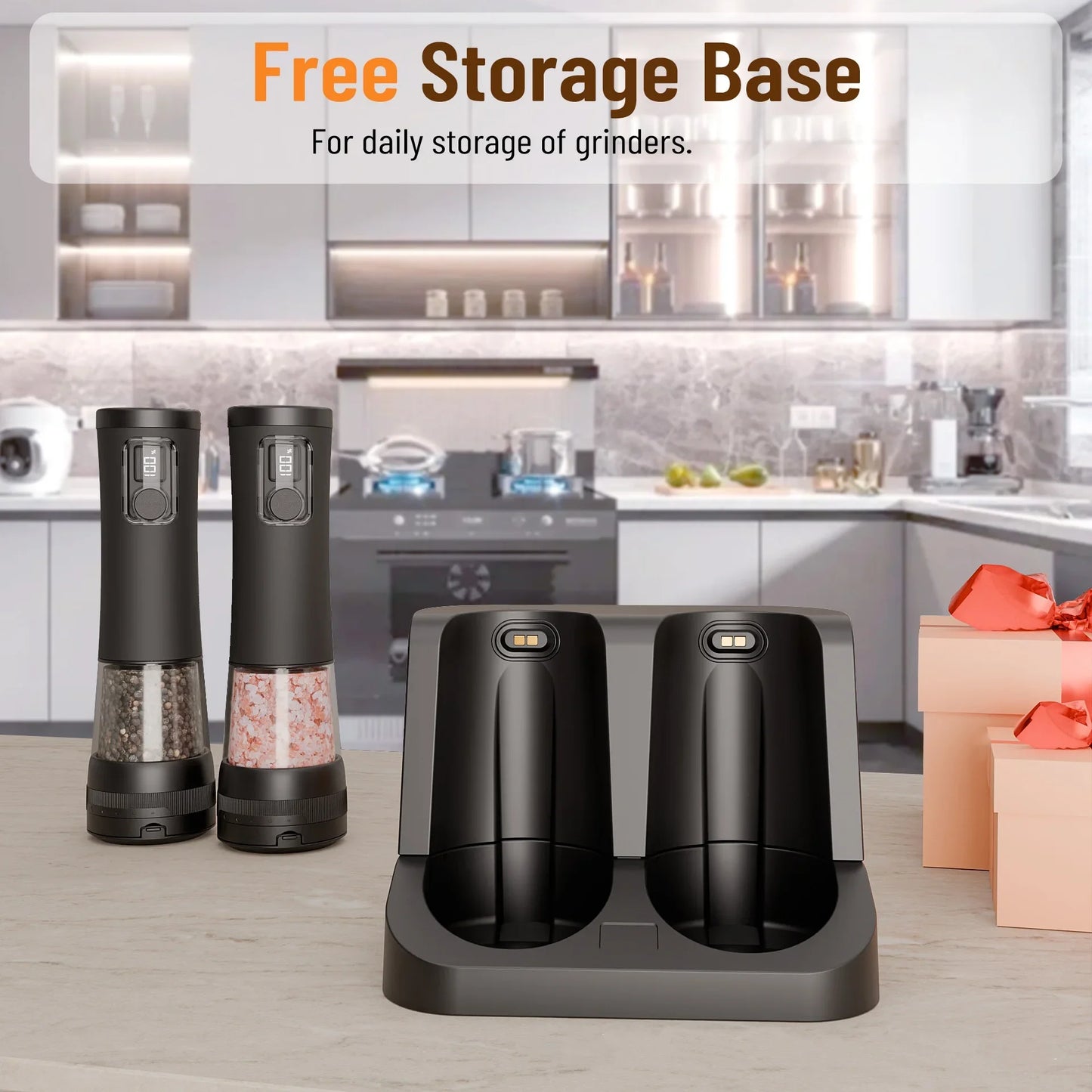 Electric Automatic Pepper and Salt Grinder Set with Rechargeable Base LED Electricity Indicator Adjustable Coarseness Kitchen