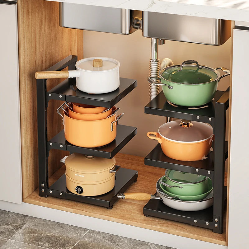 Multi-Layer Kitchen Storage Rack, Multifunctional Household Cabinet, Layered Pot Rack under the Sink for Pots, Pans, and Lids, Kitchen Storage Shelf, Essential for Storing Pots, Frying Pans, and Lids