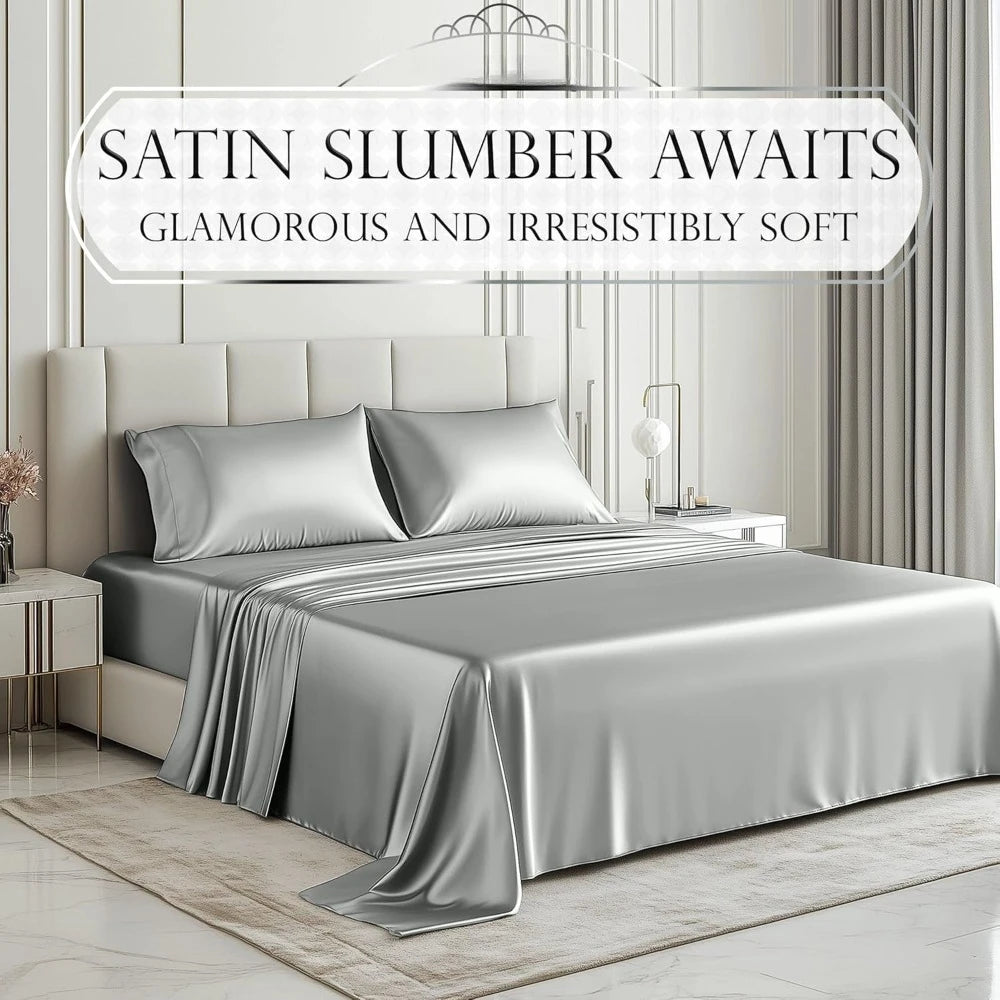 Satin Bed Sheets - 4 Piece Luxury Silky Queen Size Bedding Set, Wrinkle-Free with 15” Deep Pocket Fitted Sheet, Bedding Set