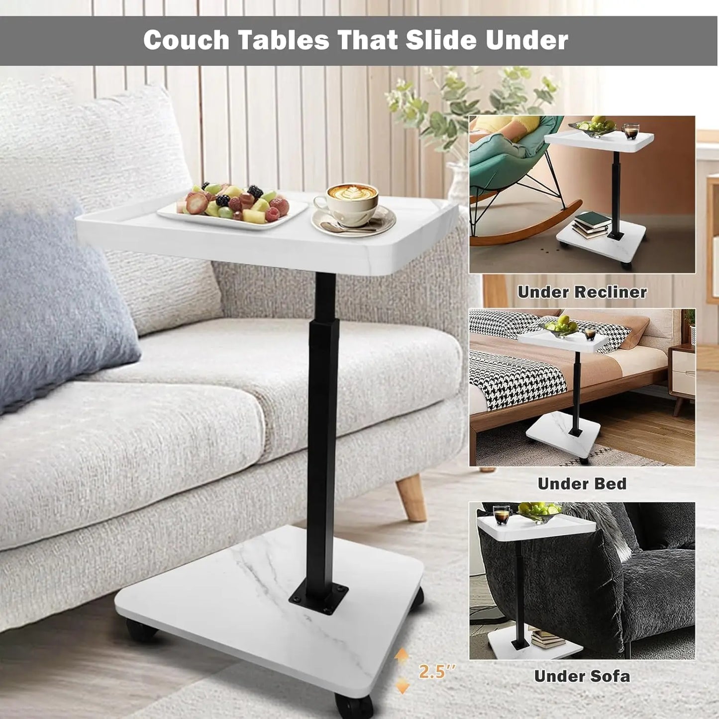 Height Adjustable Couch Side 360 Rotatable Sofa Tray Table Stable Sofa Side Table Home Bedroom Office Movable Coffee Tea Table