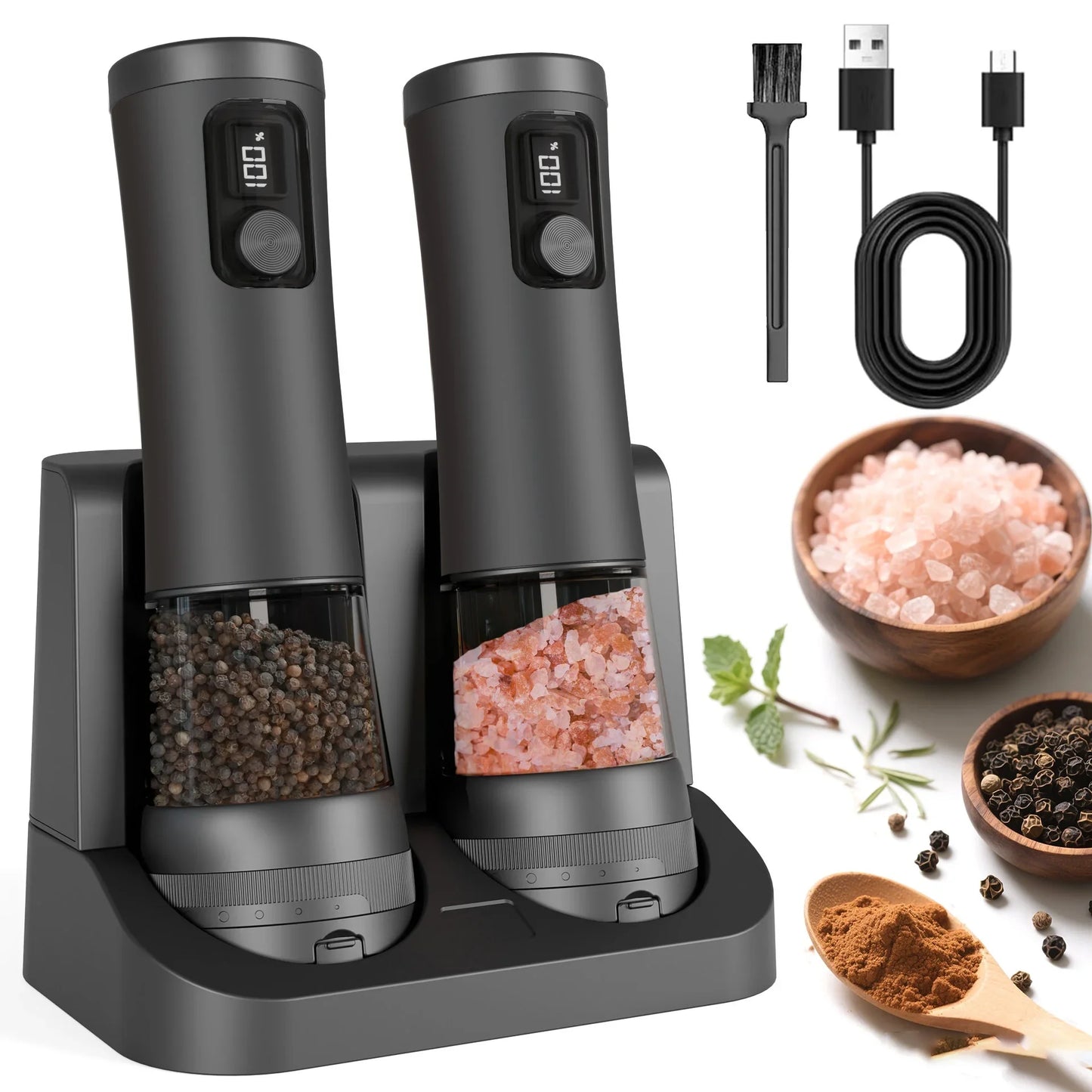 Electric Automatic Pepper and Salt Grinder Set with Rechargeable Base LED Electricity Indicator Adjustable Coarseness Kitchen