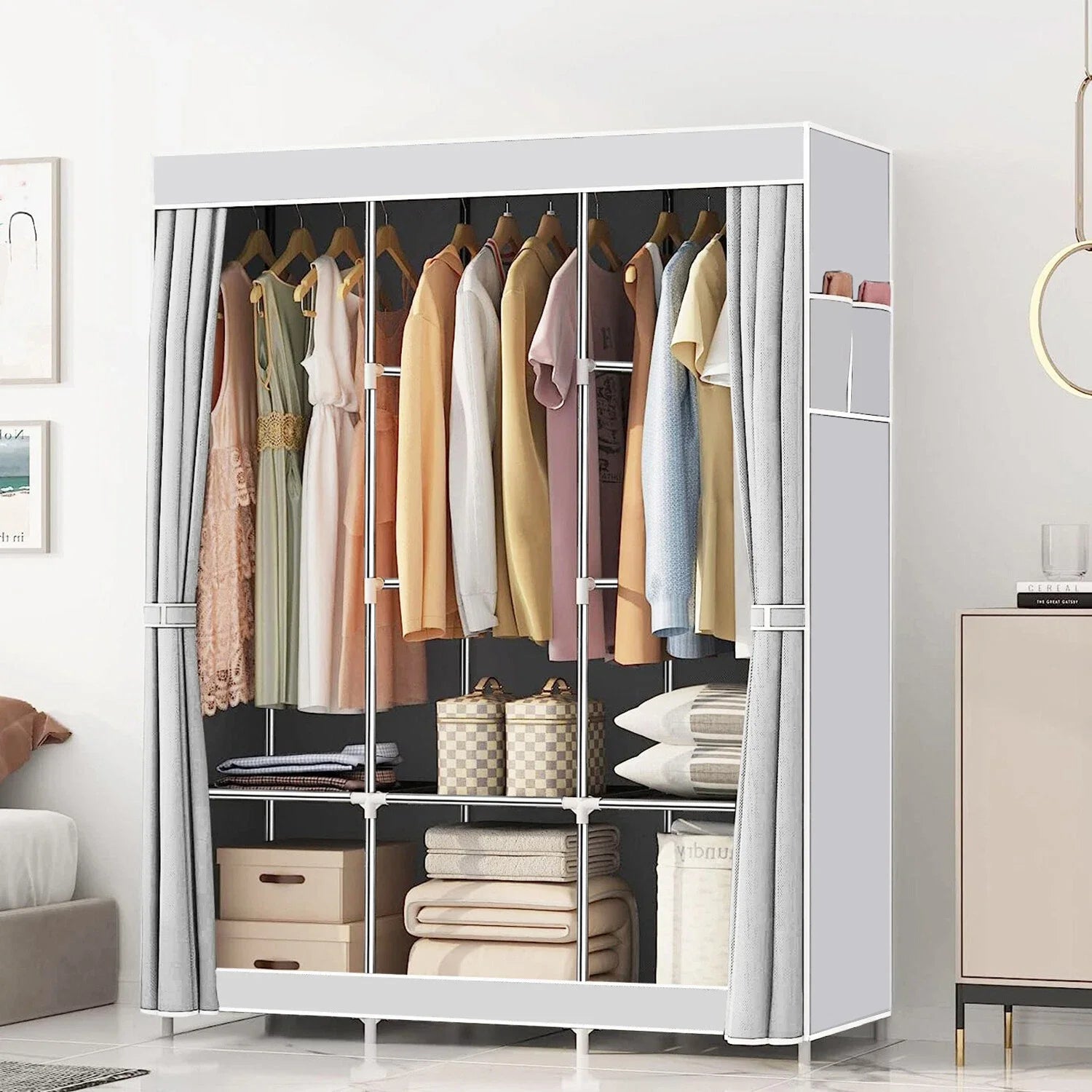 2025 New Upgraded Canvas Fabric Wardrobe Large Clothes Closet With Hanging Rail Shelving Clothes Storage Cupboard Gray