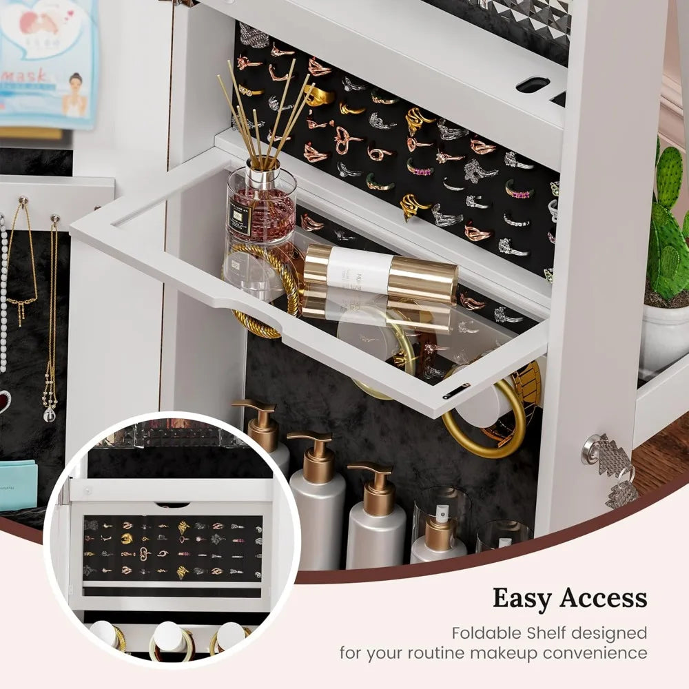 LED Mirror Jewelry Cabinet Standing - 360°Swivel Jewelry Armoire with Full Length Mirror, Mirror with Jewelry Storage and Large