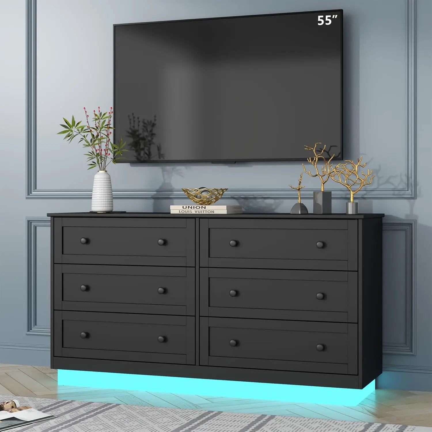 6 Drawer Dresser with Power Outlet, Modern Chest of Drawers with Led Light, Double Wide Drawer Organizer Cabinet