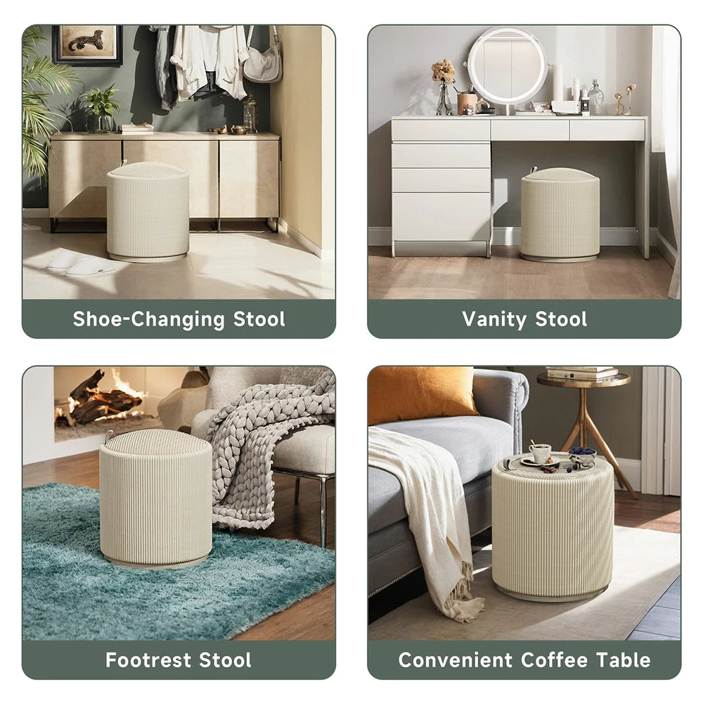Round Storage Stools＆Ottomans Makeup Vanity Organizer Chair with Removable Lid Wood Upholstered Footrest for Living Room Bedroom