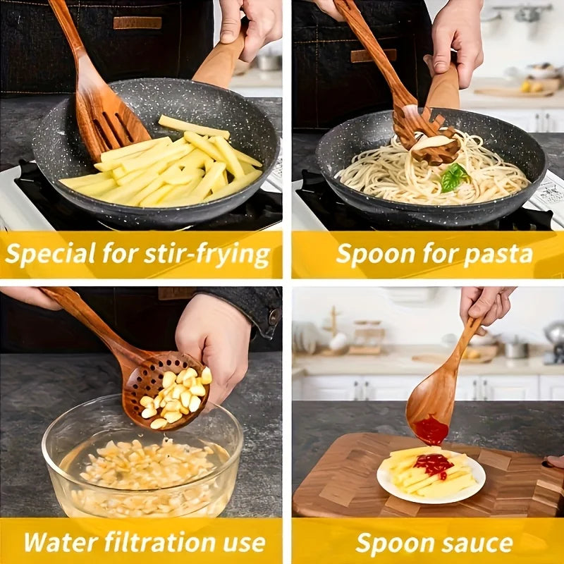 10PCS Natural Wooden Cooking Utensils Kit - Spoons Ladles for Salad Soup Noodles - Kitchen Utensils