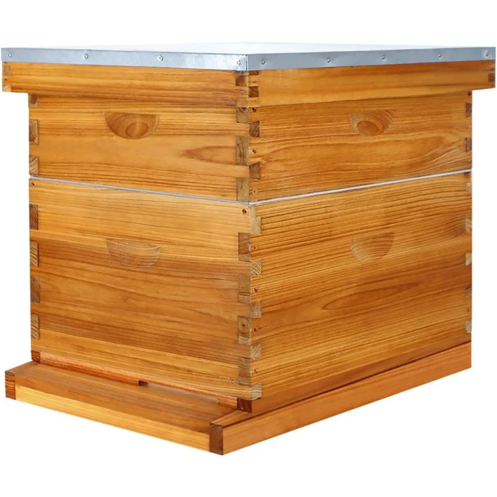 10 Frame Langstroth Beehive Kit Dipped in 100% Beeswax Bee Hives with 1 Deep Bee Box and 1 Medium Bee Hive Box with Frame