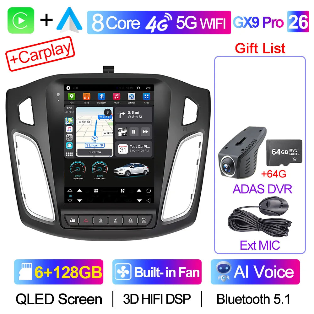 CAIXI GX9 Car Radio Multimedia Player for Ford Focus 3 Mk 3 2011 - 2019 Android 12 2din Carplay Auto Stereo GPS Vertical Tesla