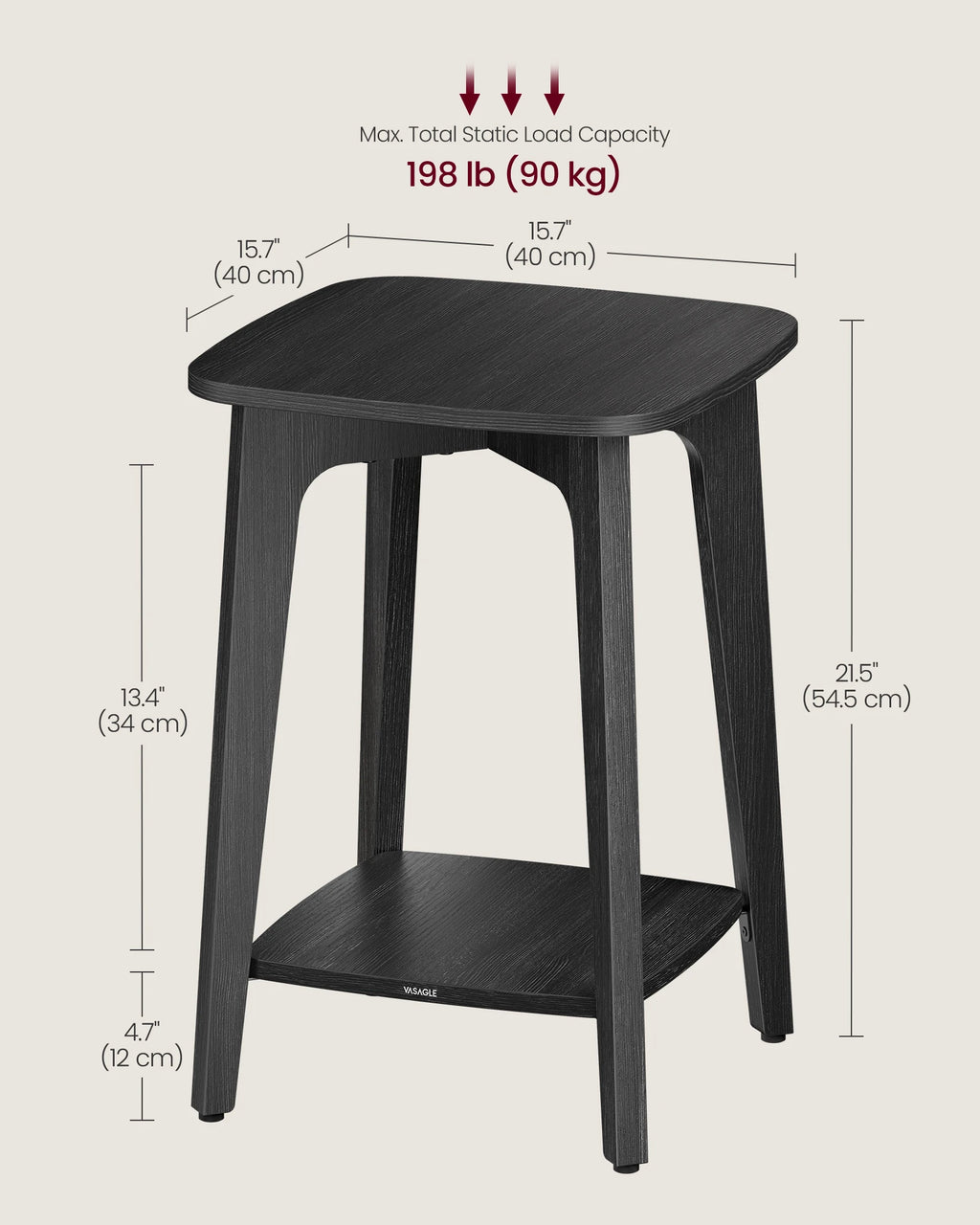 VASAGLE Side Table, Small Square End Table with Lower Shelf, Nightstand for Small Spaces, Living Room, Bedroom