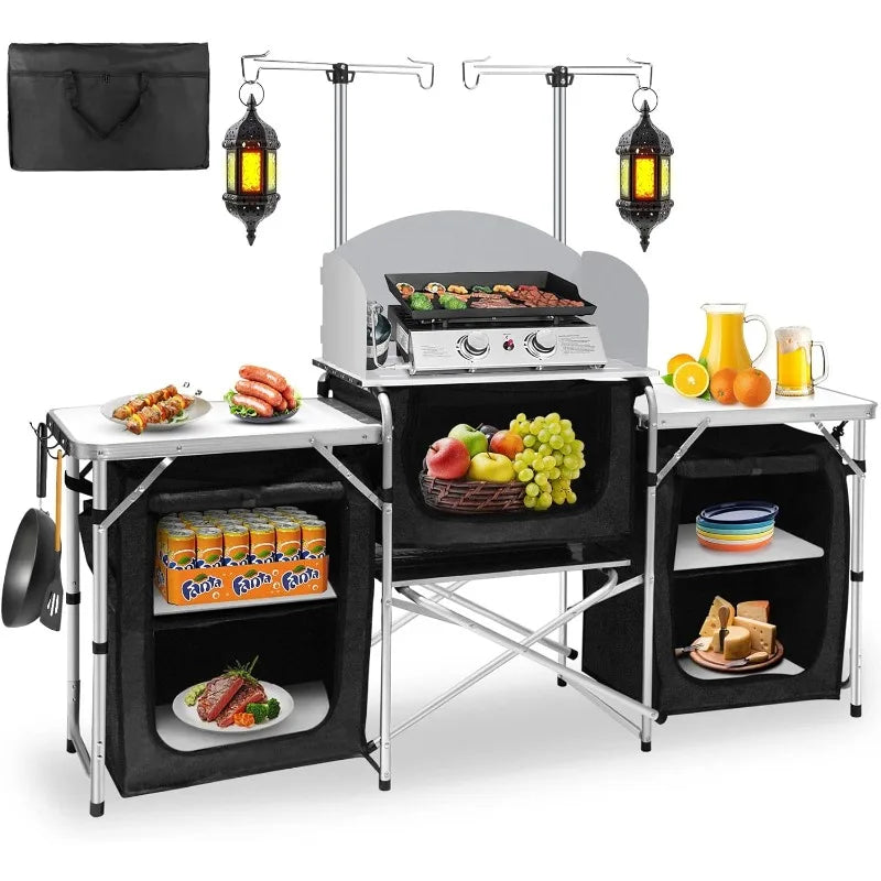 Hot-selling Outdoor Camping Mobile Kitchen Portable Outdoor Foldable Cooking Station Camping Kitchen Table WIth Storage