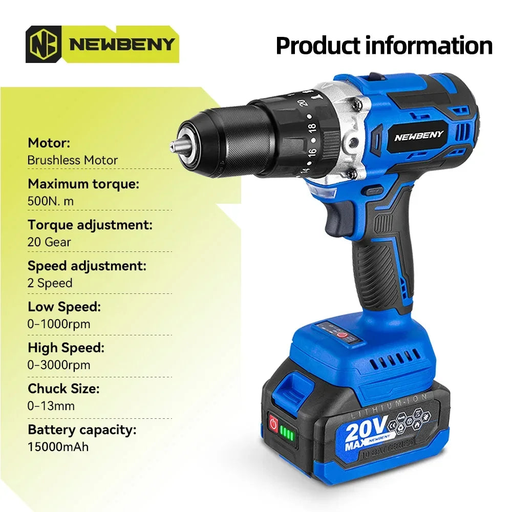 NEWBENY 500Nm 13MM Brushless Electric Drill 20+3 Torque Cordless Electric Screwdriver Power Tools For Makita 18V Battery Pin