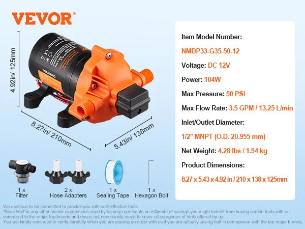 VEVOR 12V Diaphragm Pump 1.8/3/3.5/5 GPM 3/4/5-Chamber 40-100 PSI Adjustable 1/2'' MNPT Port for RV Yacht Food Truck Camper