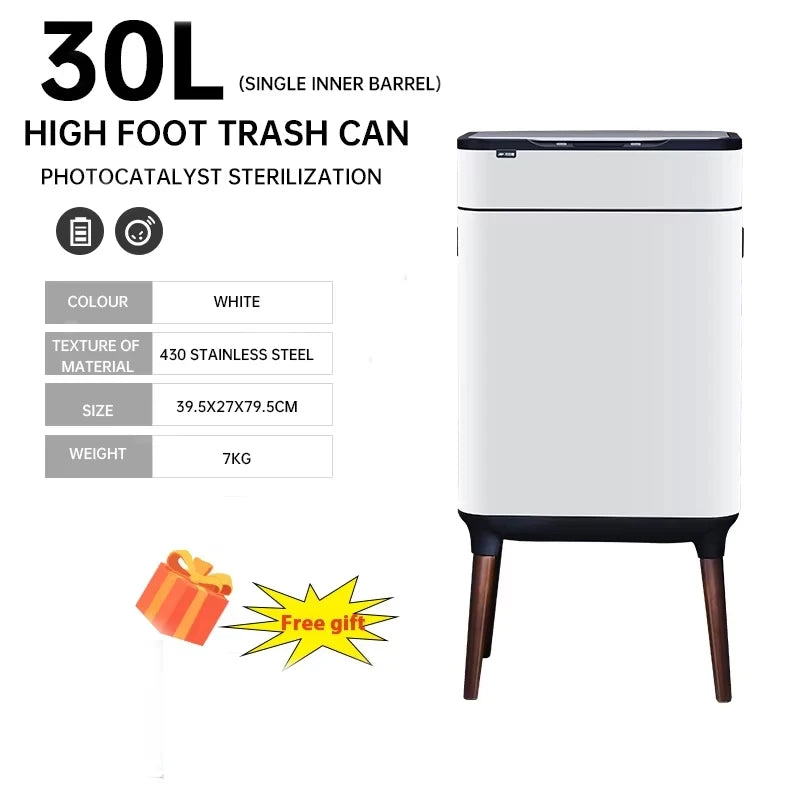 30L Smart Sensor Trash Can Bathroom Kitchen Tall Trash Can Light Luxury Stainless Steel Large Capacity Waterproof Free Gift