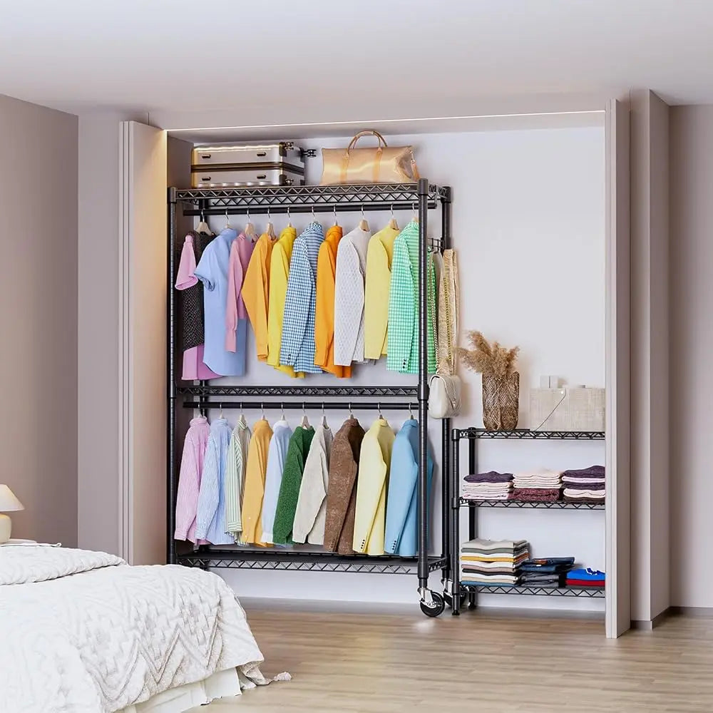 3 Tier Heavy Duty Rolling Garment Ra Wire Clothes Ra For Hanging Clothes, Metal Freestanding Closet Wardrobe With Double Rods
