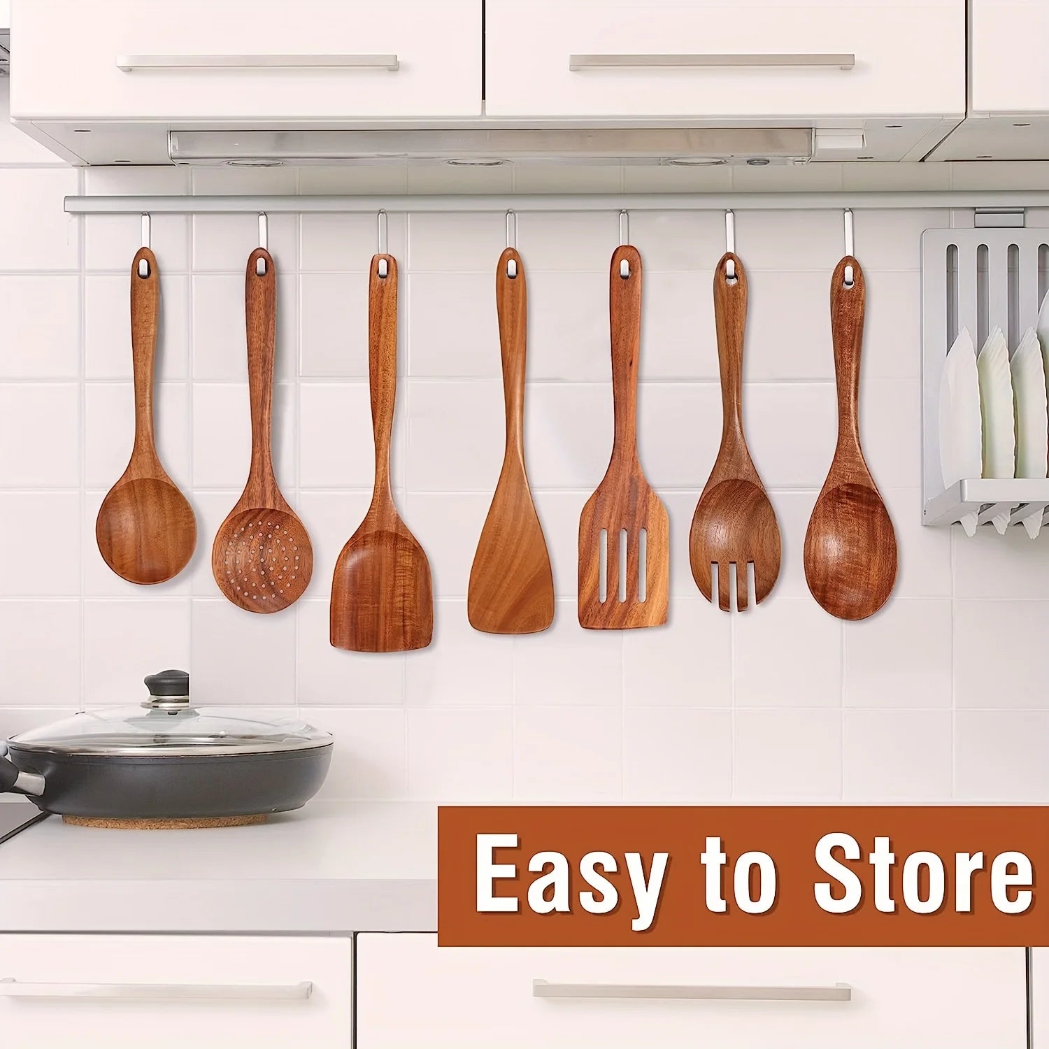 Natural Teak Wood Kitchen Utensil Set Wooden Cooking Tools with Holder Ideal for Healthy Non - Stick Cookware Cooking