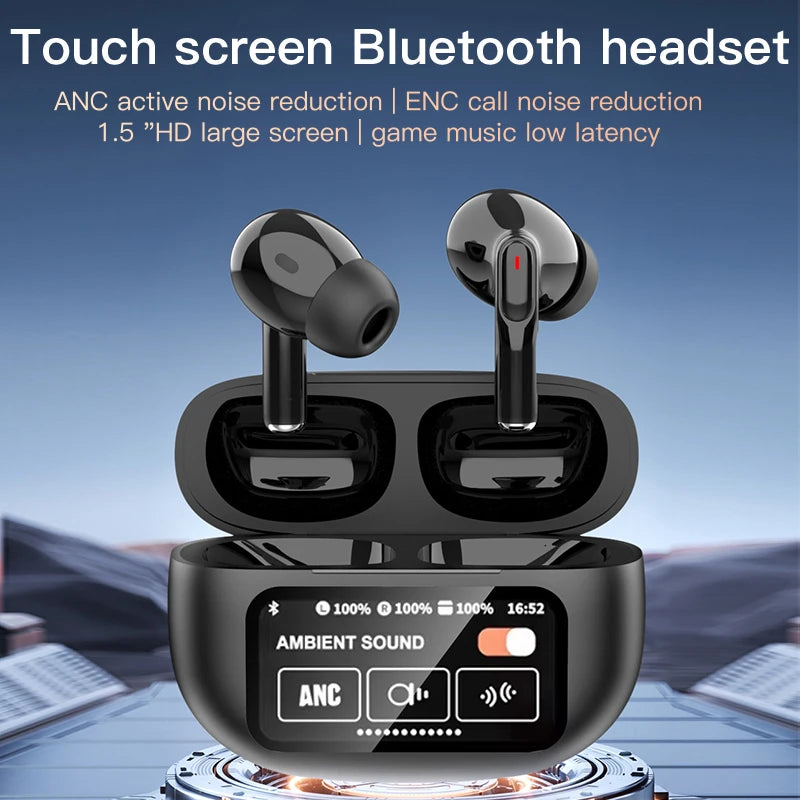 V8 screen display wireless Bluetooth earphones ANC active noise cancelling earbuds in ear earphones with built-in microphone