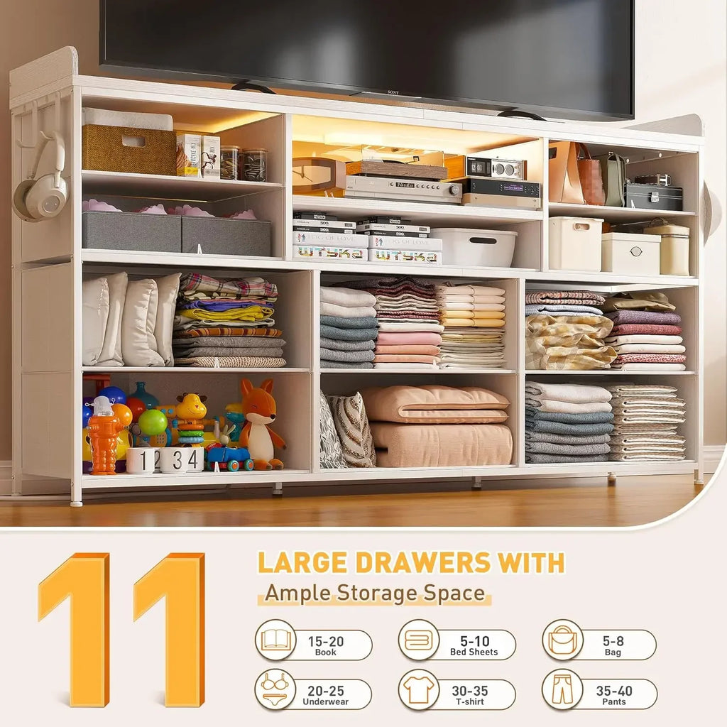 Dresser for Bedroom with 11 Drawers for 60" TV Stand for Bedroom with LED Lights & Charging Station Long Dresser with Shelves