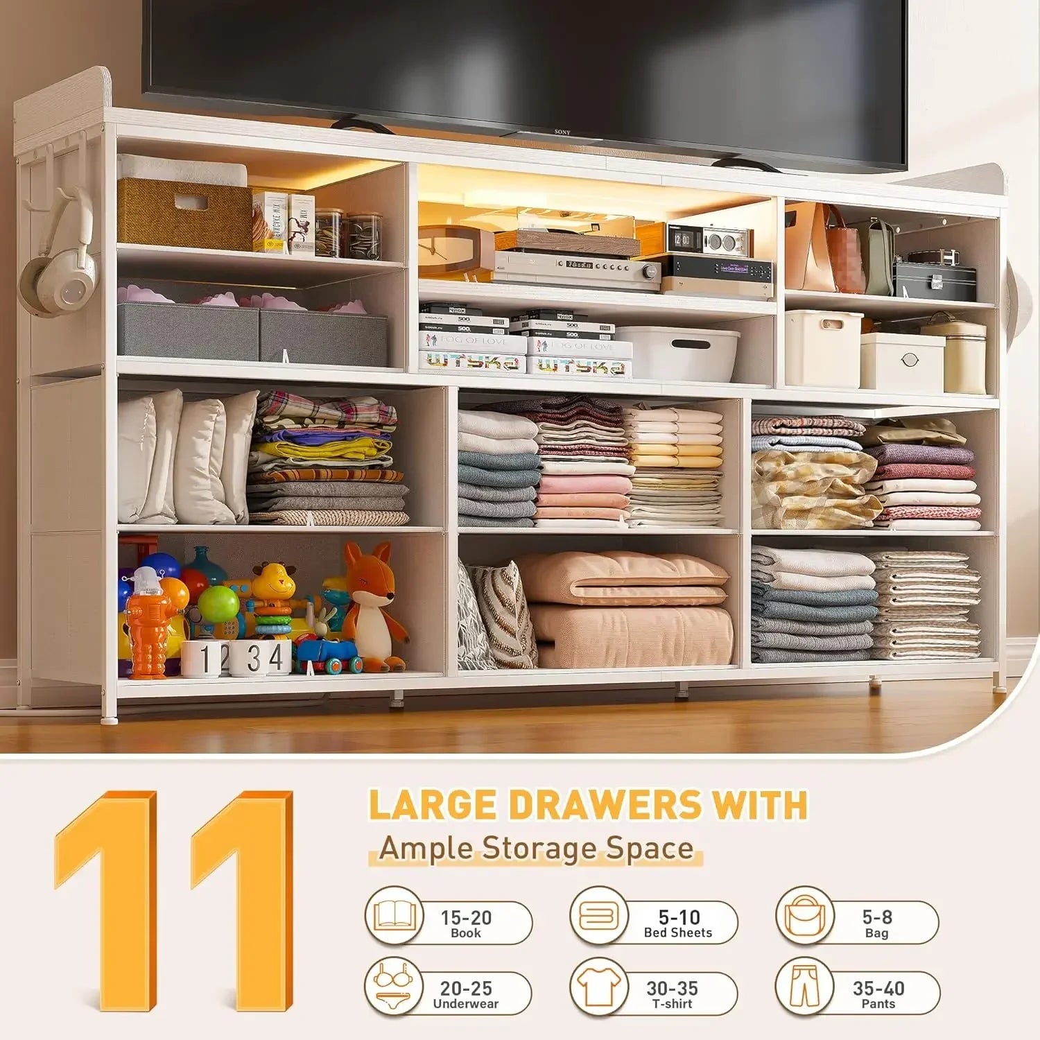 Dresser for Bedroom with 11 Drawers for 60" TV Stand for Bedroom with LED Lights & Charging Station Long Dresser with Shelves