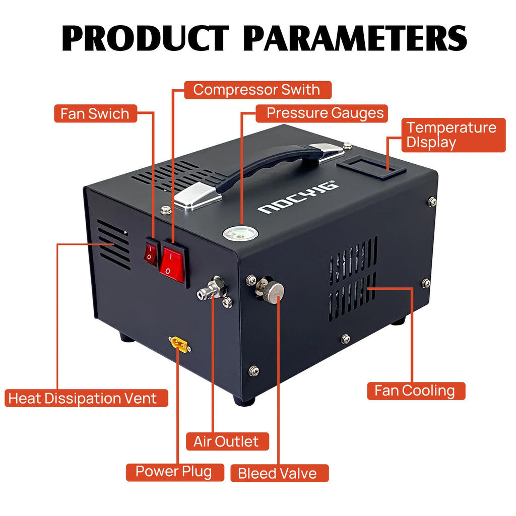 4500Psi 30Mbar Portable PCP Air Compressor Pump 12VDC/110V Power Oil/Water-Free High Pressure Diving Bottle