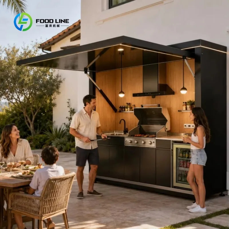 Customized Modular Aluminum Alloy Outdoor Kitchen Shed with Weatherproof Stainless Countertop Sink Modern Design Remote Control
