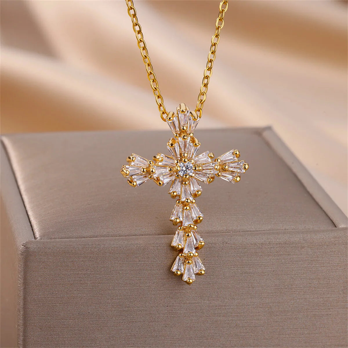 Luxury Zirconia Cross Pendant Necklace - Stainless Steel Crystal Chain for Women | AlluCanFind