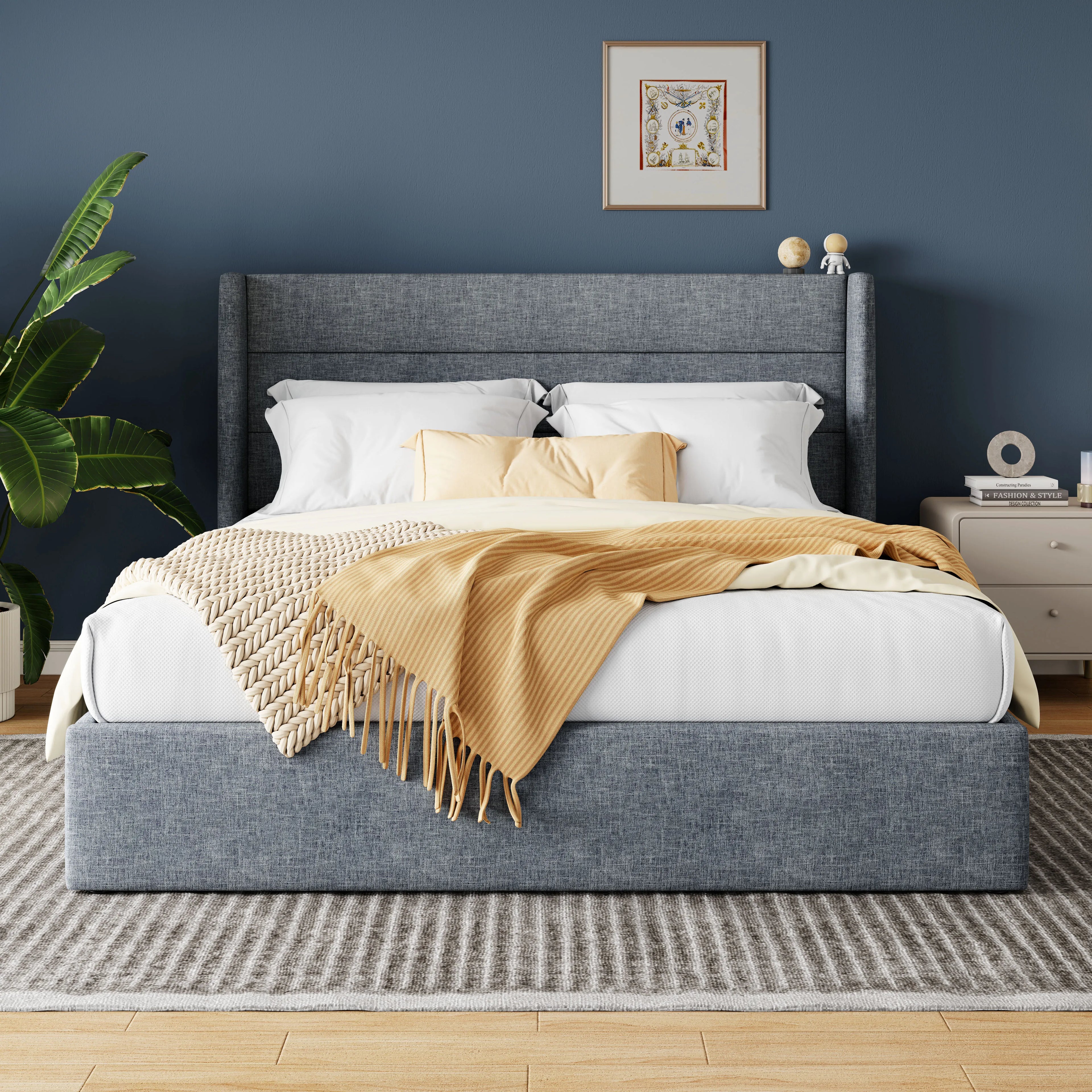 HOOMIC Lift Up Storage Bed with Wingback Headboard/Heavy-Duty Hydraulic Bed/Large Underneath Storage Allewie
