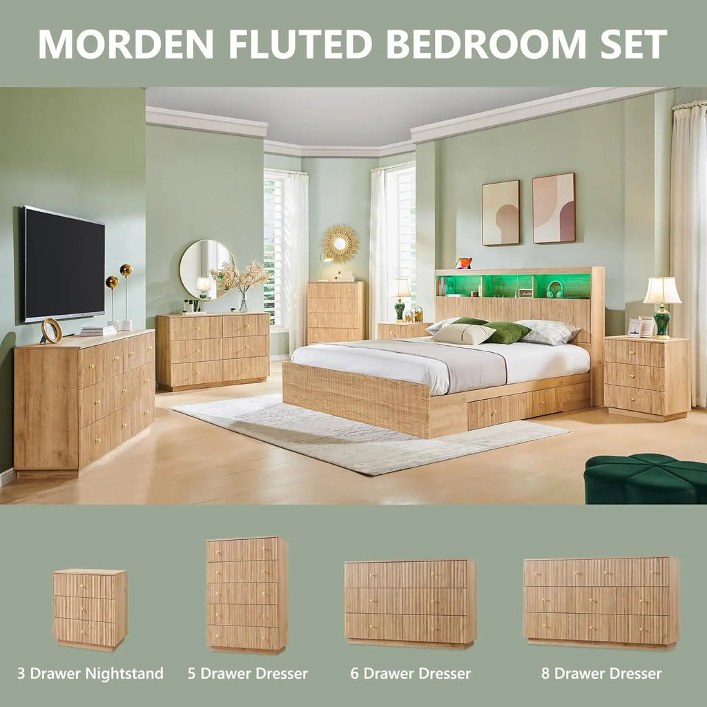 Fluted Dresser for Bedroom, 55" W 8 Drawer Dressers, Wood Tall Dresser Storage Organizer, Modern Bedroom Chest of Drawers