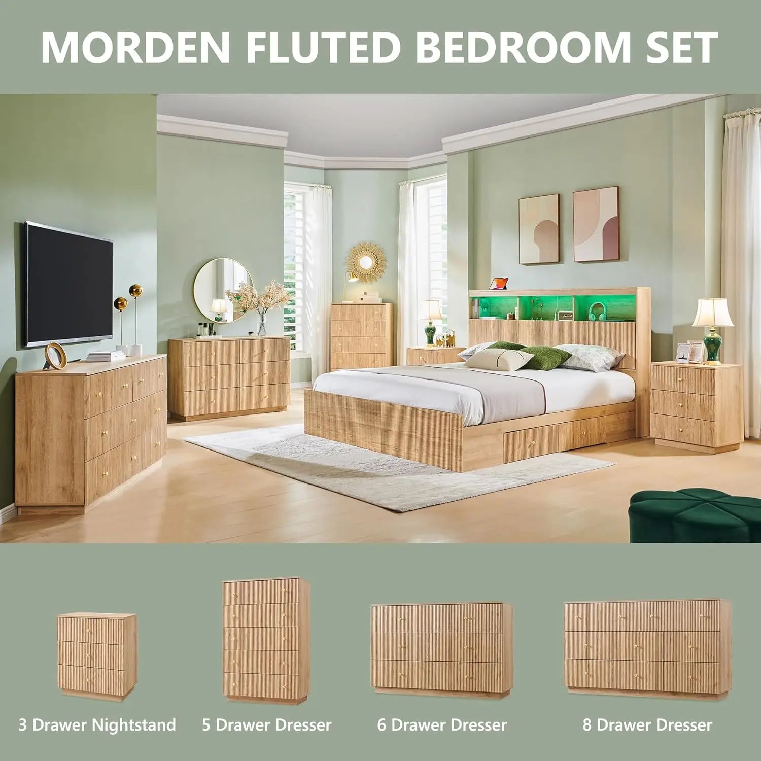 Fluted Dresser for Bedroom, 55" W 8 Drawer Dressers, Wood Tall Dresser Storage Organizer, Modern Bedroom Chest of Drawers