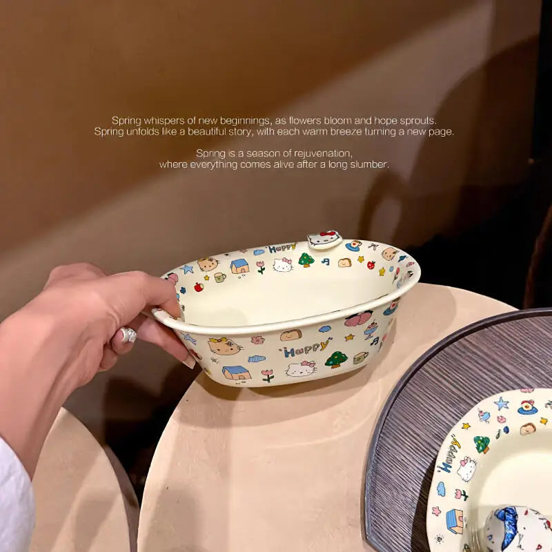 Hellokitty Cartoon Kawaii Ceramic Tableware Household Rice Bowls Sand Bowls Household Vegetable Dishes Complete Set of Tableware