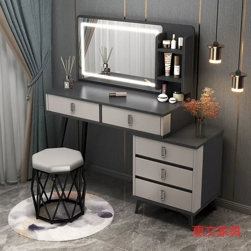 Luxury Dressing Table Comfortable Vanity Makeup Desk LED Large Mirror Drawer for Bedroom Wood Furniture Chest of Drawers Home