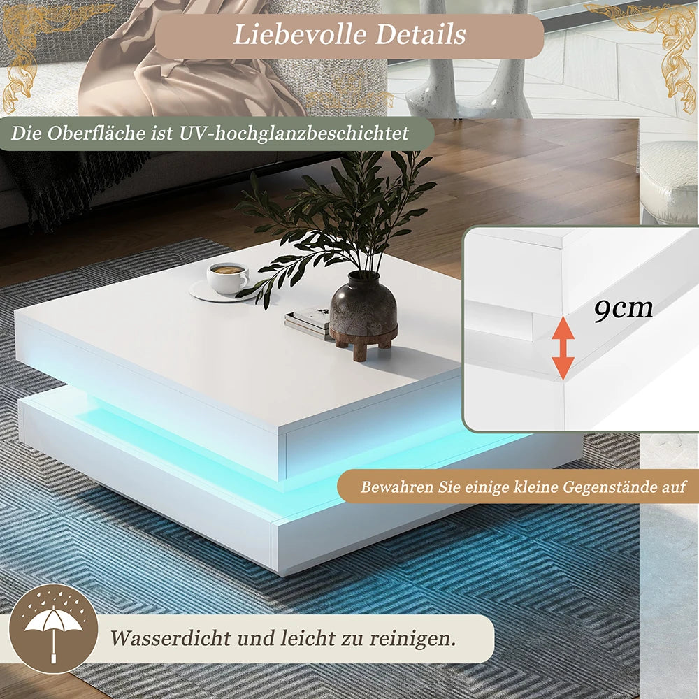 KOMHTOM Square coffee table table in White Modern Technological Style With Bluetooth LED Strip